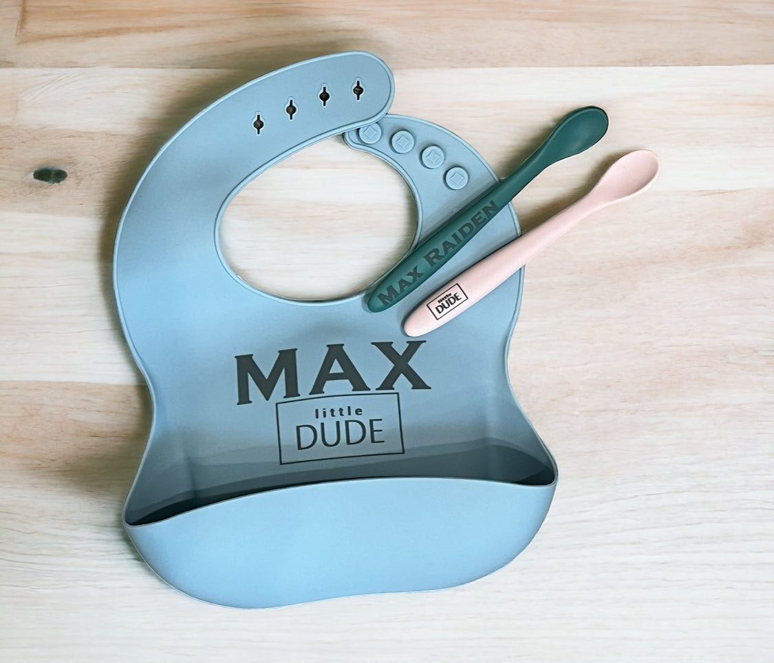 Custom silicone bib and spoon set - little dude