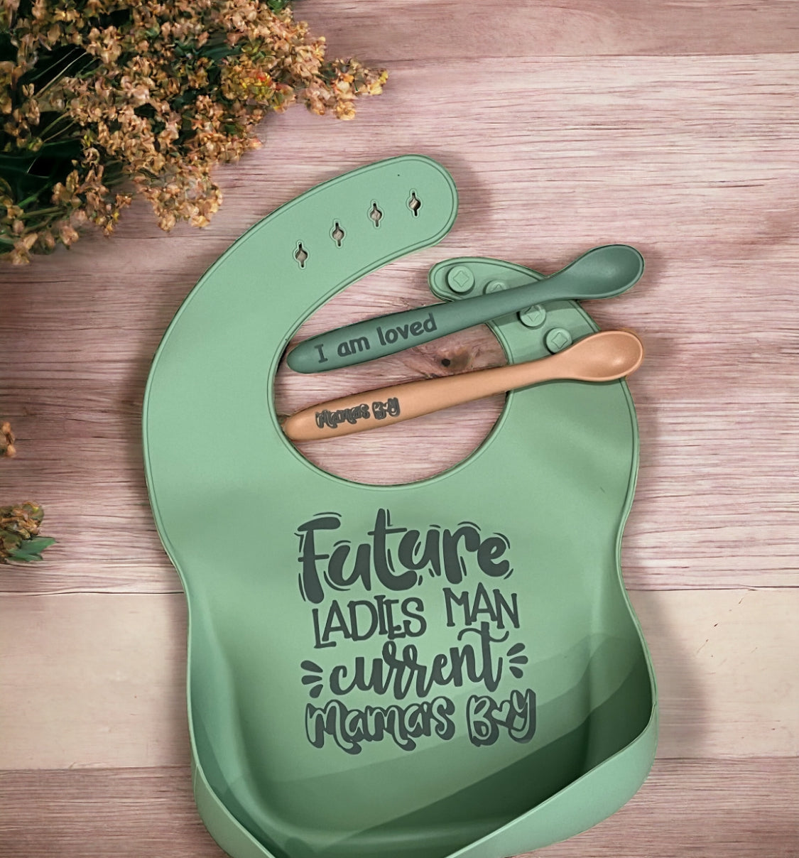 Custom silicone bib and spoon set - future ladies man