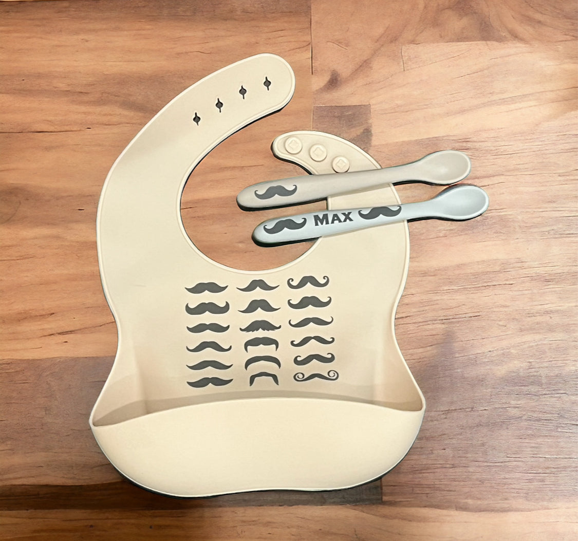 Custom silicone bib and spoon set - mustache